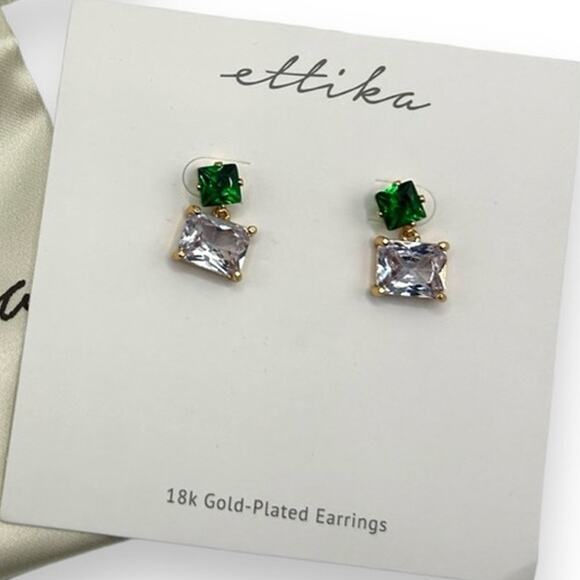 NEW REVOLVE Ettika Green Crystal Earrings 18K Gold Plated Dangle Fancy Jewelry - Picture 1 of 8